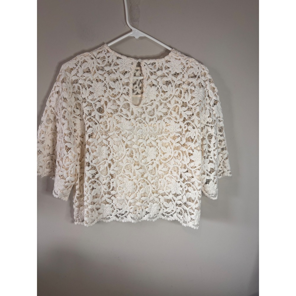Future Collective Cream Floral Lace Short Sleeve Top XS Ivory Crew Neck Boho - Picture 3 of 6